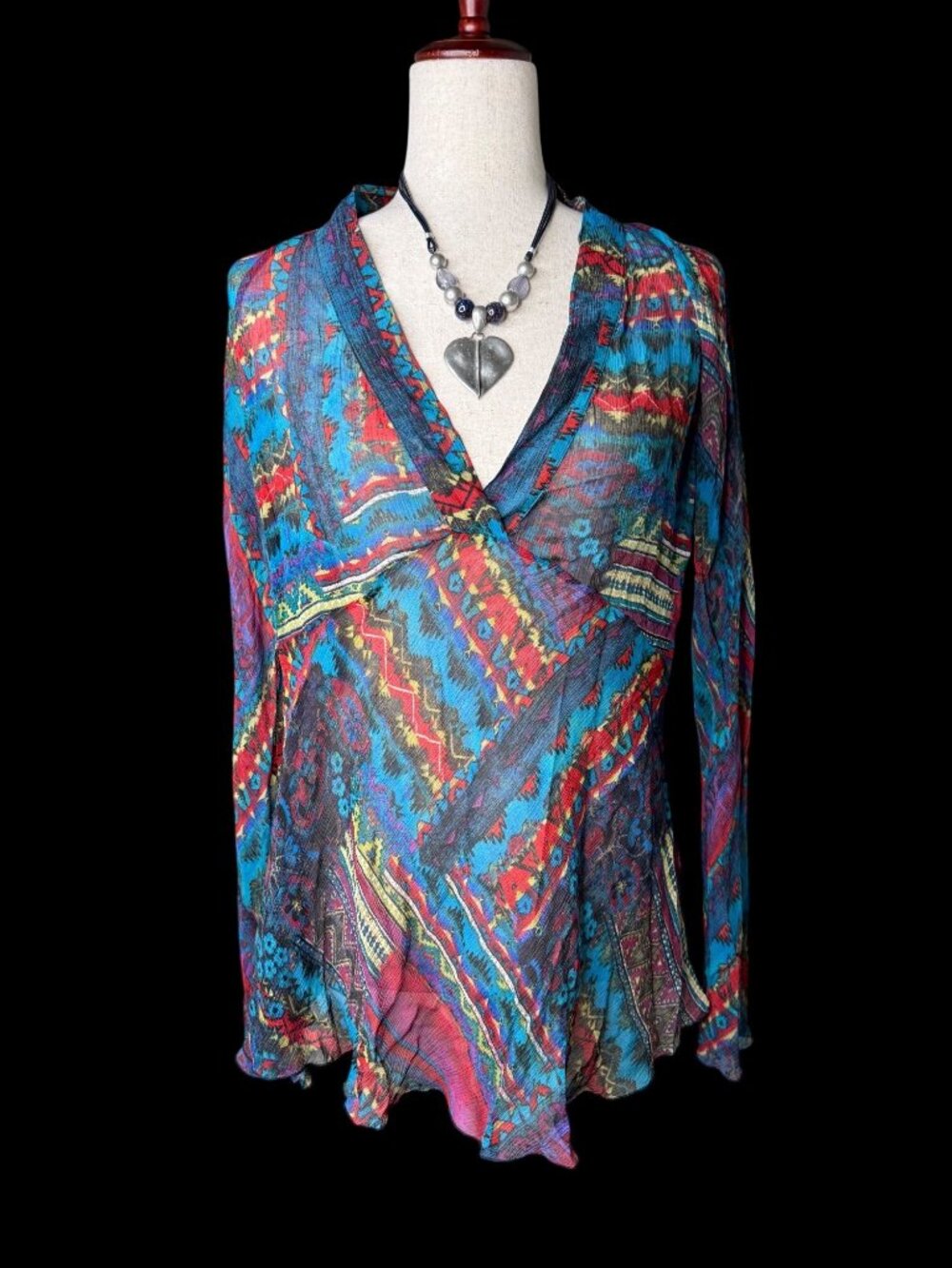 Vintage Chicos Sheer Babydoll Silk Top Lg Patchwork Whimsigoth Y2K Artsy Indie